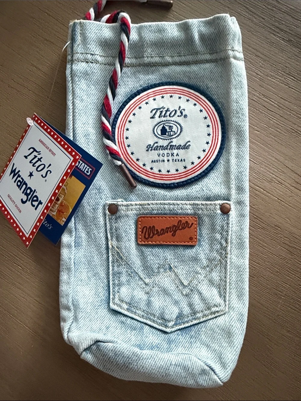 NWT 2 Wrangler Light Blue Denim Tito’s Vodka Bottle Bags